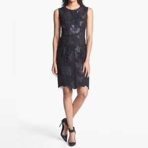 VINCE CAMUTO FAUX LEATHER FLORAL LACE SHEATH DRESS
